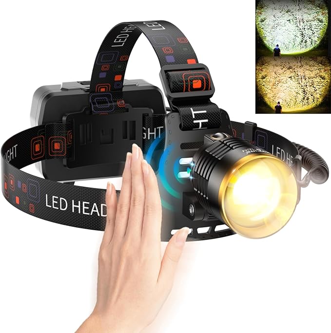 SKYFIRE Rechargeable Headlamp Motion Sensor, LED Super Bright Head lamp with 7500mAh Battery, Zoomable Adjustable Head Light for Cycling Camping Hiking - Dual Light Sources Yellow & White Light