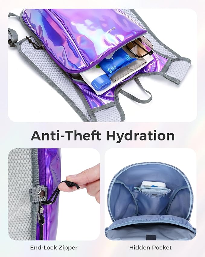 Blue Quartz Rave Hydration Backpack, Reflective Hiking Pack with 2L Water Bladder & Phone Pocket, Hydro Pack with Insulated Compartment for Festival Running Cycling for Men Women