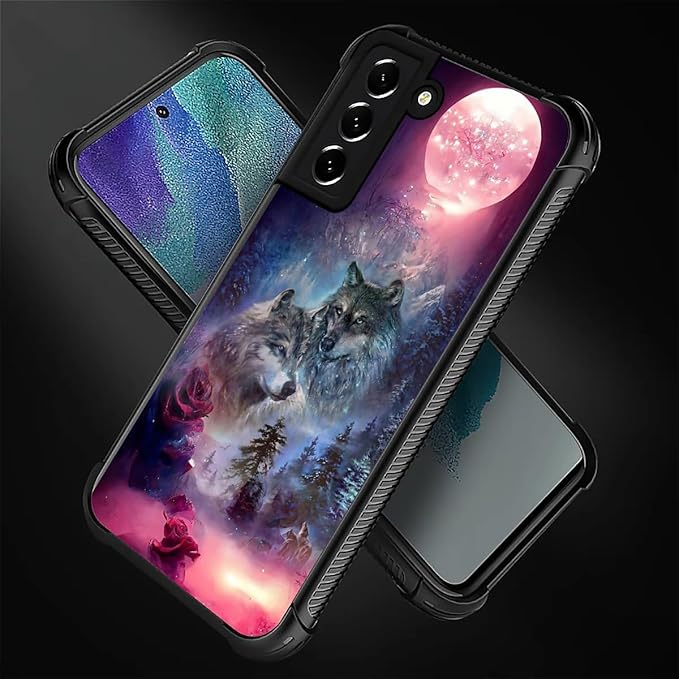 for Samsung Galaxy S22 Case, Star Two Wolfs Howling Pattern Graphic Design Girl Boy Soft Silicone Hard Acrylic Shock Protection for Samsung Galaxy S22
