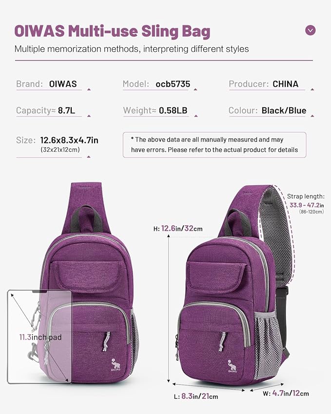 OIWAS Sling Bag Crossbody Backpack for Men, One Strap Backpack Hiking Daypack Chest Bag for Women