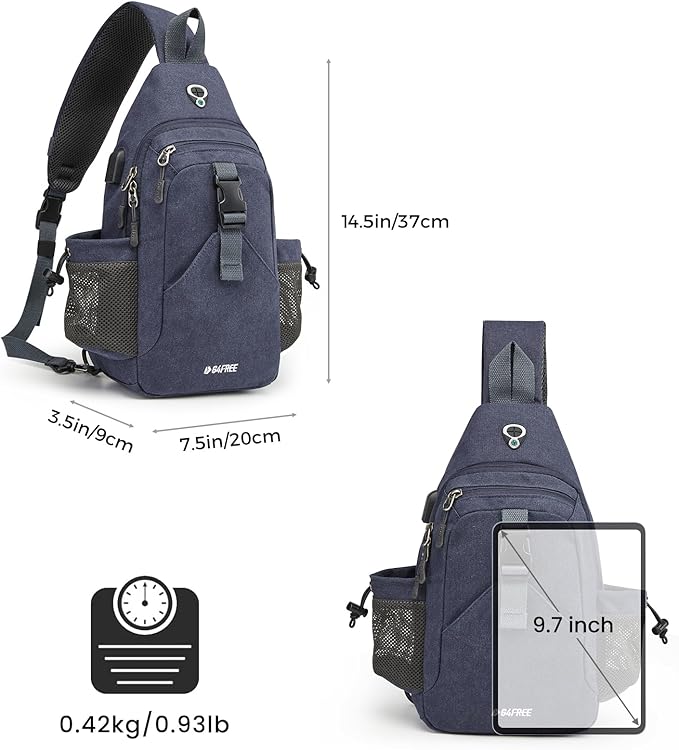 G4Free Canvas Sling Bag Crossbody Backpack with USB Charging Port & RFID Blocking, Hiking Daypack Chest Bag for Women Men