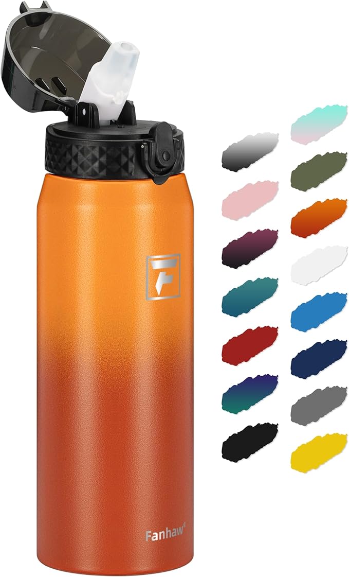 Fanhaw 24 oz Insulated Stainless Steel Water Bottle with Straw Lid, Leakproof & Anti-Dust Sports Bottle for Kids, Women & Men (Yellow Orange)