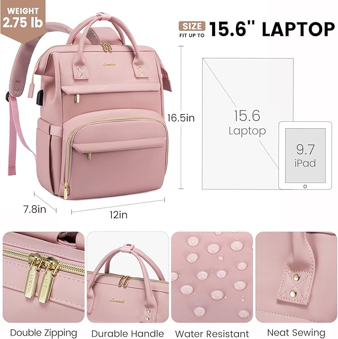 LOVEVOOK Leather Laptop Backpack for Women 15.6 inch, Travel Purse with USB Port, Pink