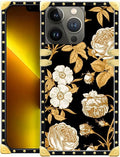 Compatible with iPhone 13 Pro Max Case, Blooming Rose Golden Flower Luxury Golden Decoration for Girl Women Soft TPU Shockproof Protective Hard PC Back for iPhone 13 Pro Max