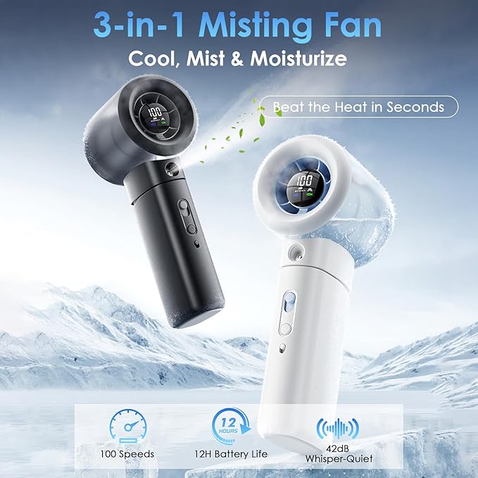 Portable Misting Fan Handheld Powerful Turbo Fan, 100 Speeds, 6000mAh Rechargeable Battery, LED Display, Spray Mist Personal Mini Fan for Travel, Beach, Outdoor Camping (Snow White)