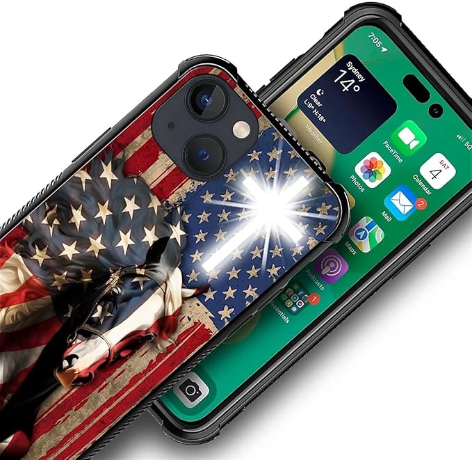 for iPhone 13 Case, Red American Flag Horse Cross Pattern Graphic Design Girl Boy Soft Silicone Hard Acrylic Shock Protection for iPhone 13