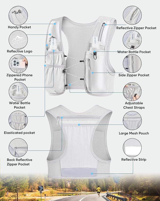 Zelvot Running Vest for Women Men, USA Original Patent, Adjustable Chest Straps Running Hydration Vest with 500ml Soft Flask, Lightweight Reflective Hydration Backpack for Marathon