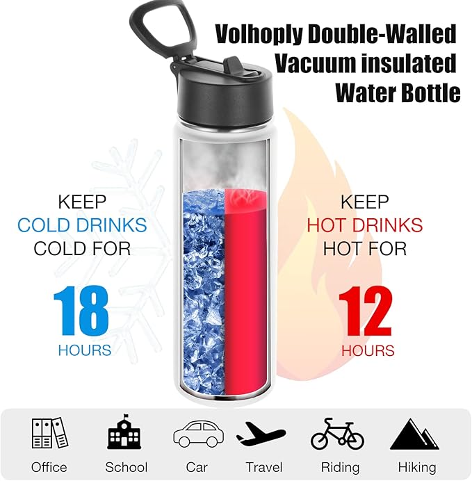 Volhoply 24oz Insulated Water Bottle With Straw Bulk 8 Pack,Metal Wide Mouth Water Bottles With Handle Keep Cold,Reusable Double Wall Cups,Powder Coated Sport Bottle For Holder(Eight Color,8 count)