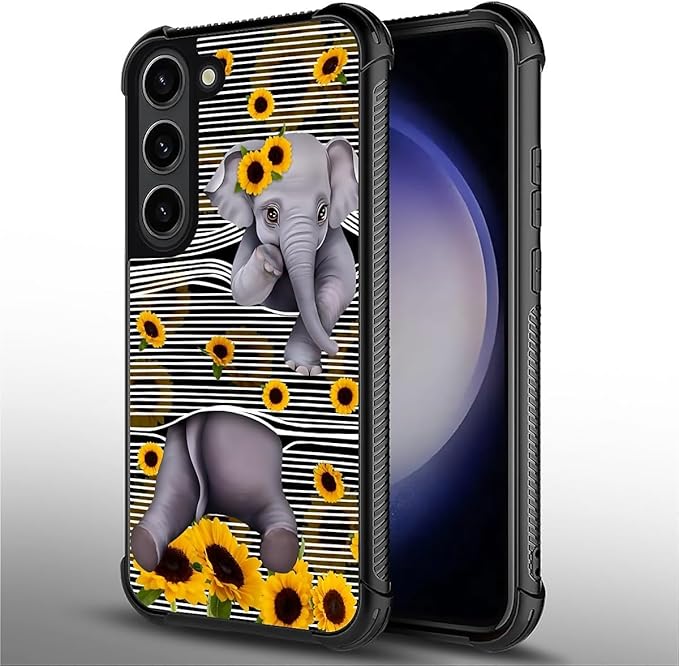 for Samsung Galaxy S23 Plus Case, Cute Little Elephant Sunflower White Line Art Pattern Graphic Design Soft Silicone Hard Acrylic Shock Protection for Samsung Galaxy S23 Plus