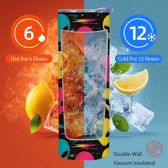 Firmiso 20 oz Tumbler｜Skinny Insulated Travel Mug｜Stainless Steel Cup with Lid and Telescopic Straw｜Colorful Alien Design｜Funny Novelty Drinkware｜Unique Gift Idea for Adults Men Women