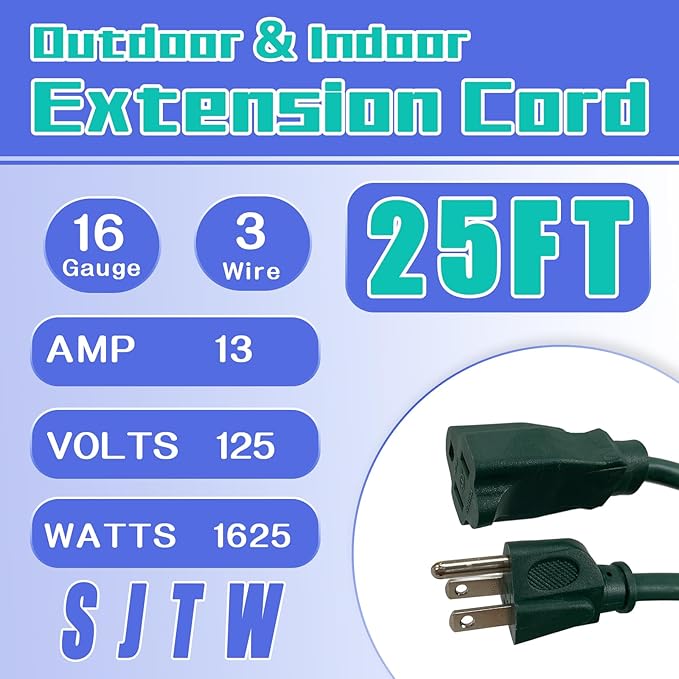 Indoor Outdoor Extension Cord 25 FT, 16/3 SJTW Weatherproof Green Electrical Cords, 13 AMP Heavy Duty 3 Prong Power Cable Great for Garden, Landscaping & Holiday Decorations
