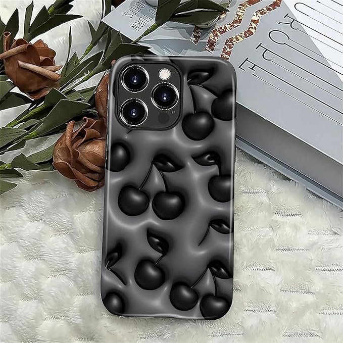 for iPhone 16 Pro Case,HL2 Cute Cool Cherry Black Hybrid 2 Layer Hard Shell Silicone Protective Pattern Design Case