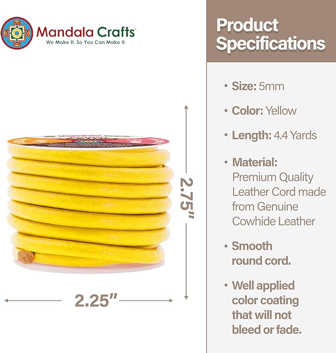 Mandala Crafts Round Genuine Yellow Leather Cord for Jewelry Making – 5mm Cowhide Leather Rope String Lace for Kumihimo – 4.4 Yards Cowhide Craft Cording Spool