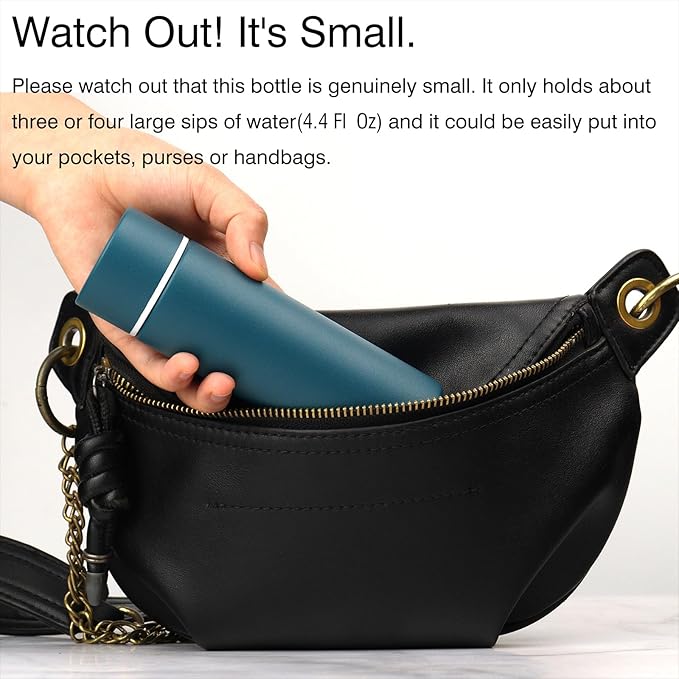 Cute Small Purse Water Bottle, 4.4 Fl. Oz, Pack of 2, Mini Slim Flask for Kids, Portable Skinny Handbag Water Bottle, Vacuum Insulated Reusable Leak Proof Stainless Cup