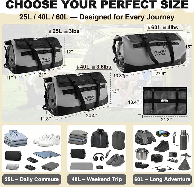 OSAH DRYPAK Waterproof Duffel Bag 25L/40L/60L – Heavy-Duty Motorcycle Tail Bag, Roll-Top Dry Bag for Travel, Camping, Boating, Kayaking, Outdoor Adventure