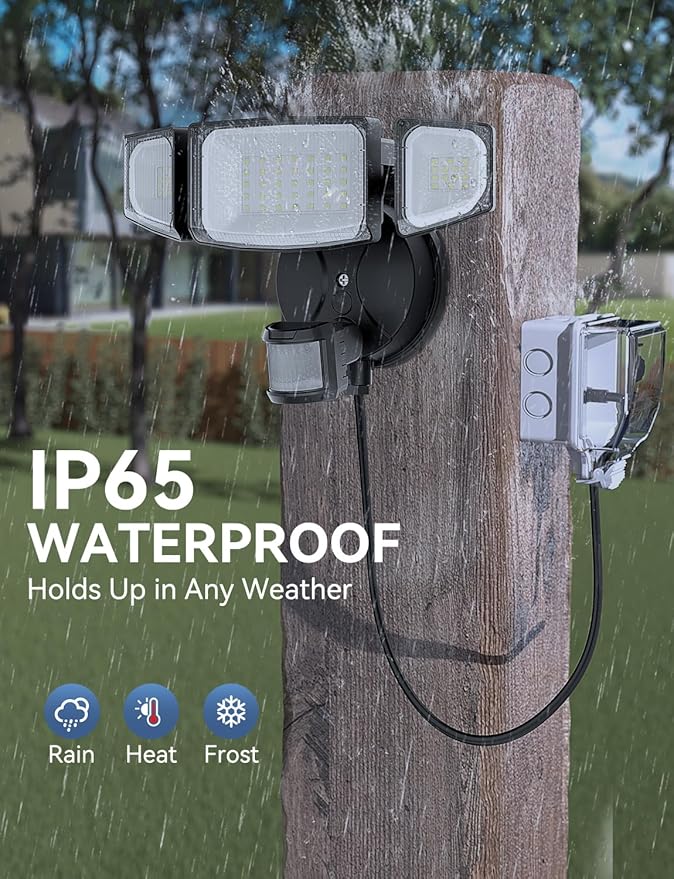Olafus 50W Motion Sensor Outdoor Light Plug in, Motion Flood Light Dusk to Dawn, 5000LM LED Security Light IP65 Waterproof, Motion Activated 6500K PIR Sensor Lighting for Garage Yard Patio Eave, Black