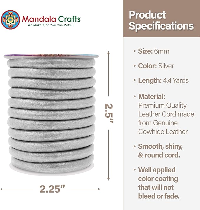 Mandala Crafts Round Genuine Silver Leather Cord for Jewelry Making – 6mm Cowhide Leather Rope String Lace for Kumihimo – 4.4 Yards Cowhide Craft Cording Spool