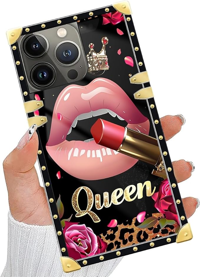 Compatible with iPhone 14 Pro Max Case, Glitter Red Rose Queen Leopard Lipstick Luxury Golden Decoration for Girl Women Soft TPU Shockproof Protective Hard PC Back