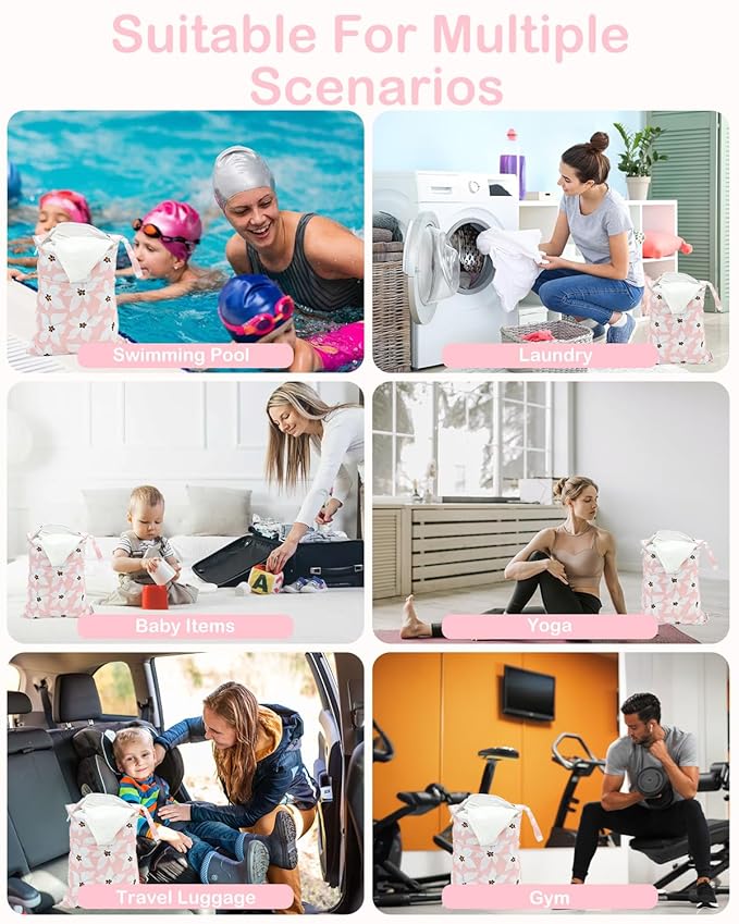 ALVABABY 2pcs Waterproof Wet Dry Bags,Reusable with Two Zippered Pockets,Baby Cloth Diaper,Travel,Beach,Pool,Daycare,Soiled Baby Items,Yoga Gym Bag,Swimsuits or Wet Clothes 2LW01