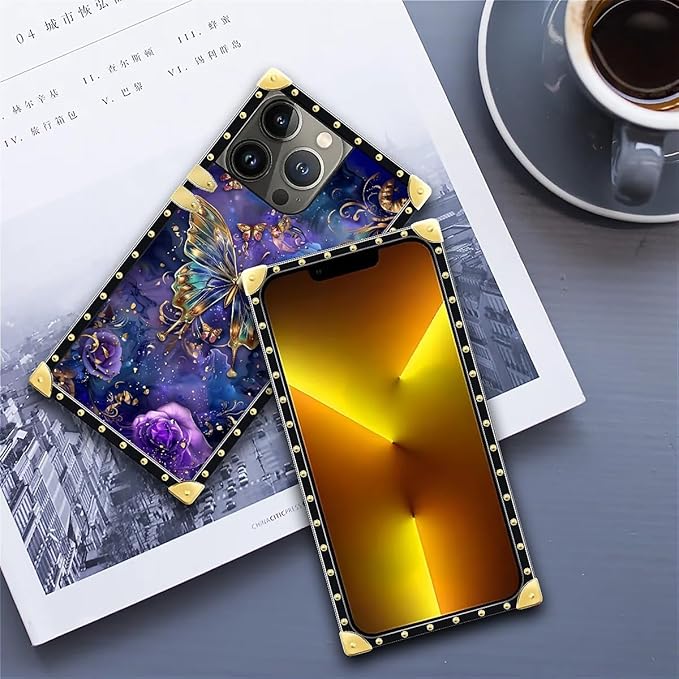 Compatible with iPhone 13 Pro Case, Glistening Golden Butterfly Vibrant Purple Blue Luxury Golden Decoration for Girl Women Soft TPU Shockproof Protective Hard PC Back