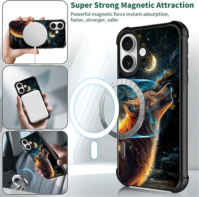 for iPhone 17 Case,for MagSafe Graphic Design for Girl Boy Soft Silicone Hard Acrylic Shock Protection Designed for iPhone 17 Star Cave Hungry Wolf Pattern
