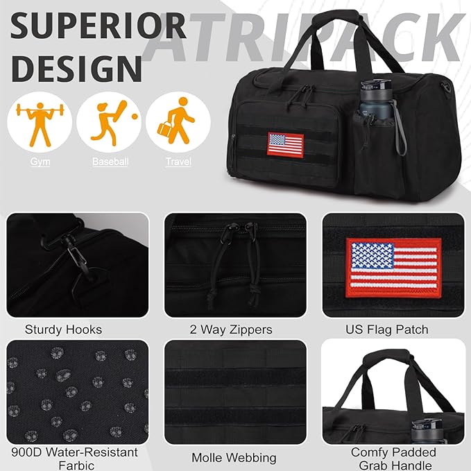 Tactical Gym Bag for Men, 60L Large Capacity Duffle Bags with Shoes Compartment, Sports Bag with wet compartment, Multi-functional Weekend Bags Suitable for Travel, Camping,hiking