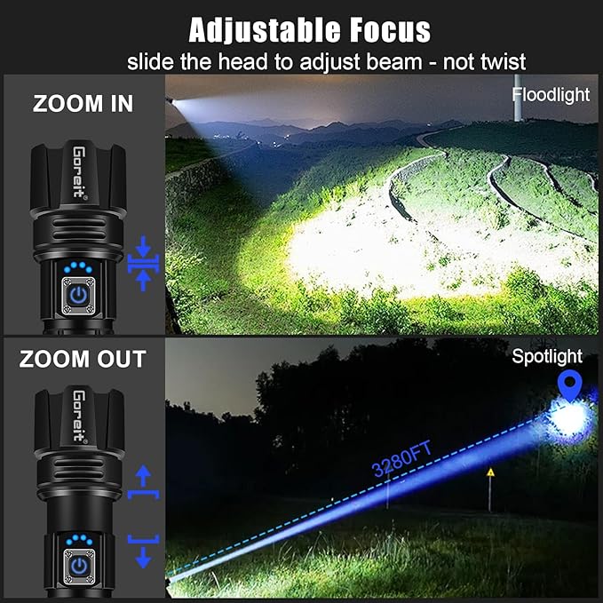 Goreit Super Bright LED Flashlight - 30W Output for 50000 Lumens & 3937ft Beam, USB-C Rechargeable with 12H Runtime, IP67 Waterproof Powerful Handheld Linternas for Home, Camping, Hiking, Emergency