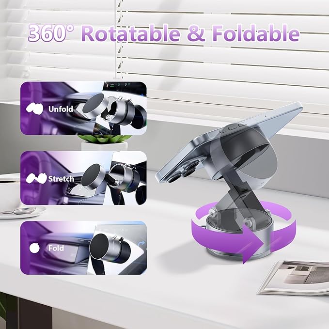 Vacuum Magnetic Phone Holder,Foldable Magnetic Suction Phone Mount,360° Rotation Car Phone Holder,Cell Phones Car Accessories,Hands-Free Phone Holders Suitable to Mirror,Gym,Kitchen (Black)