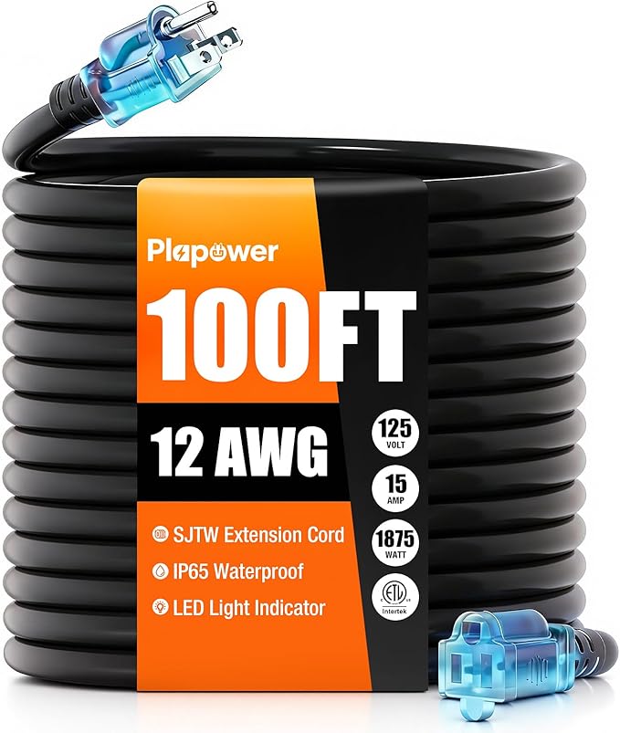Outdoor Extension Cord 100 FT Waterproof, 12/3 Gauge Heavy Duty 3 Prong Power Cord with Lighted Indicator End, 15A 125V 1875W SJTW, ETL Listed, Great for Lawn/Garden/Home(Black)