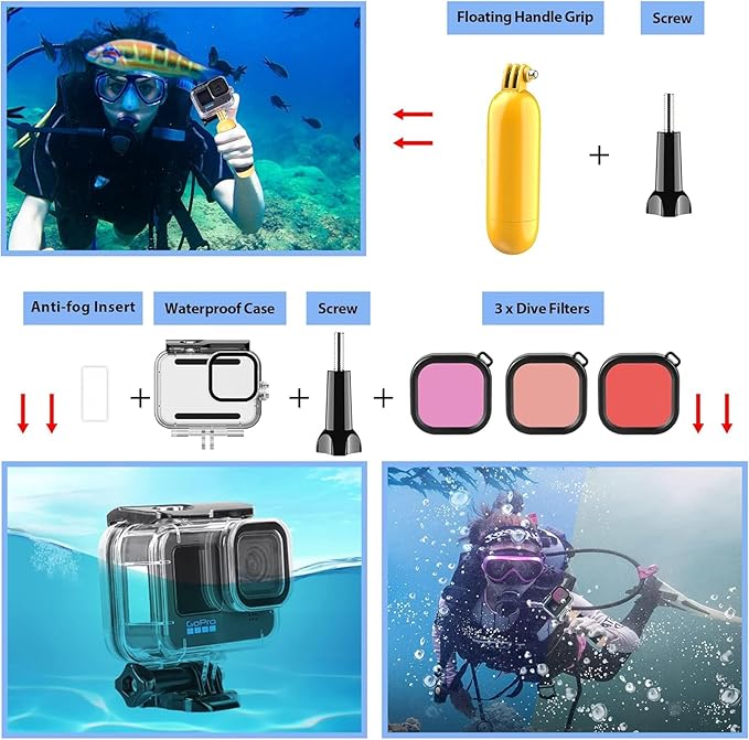 HONGDAK Action Camera Accessories Kit for GoPro Hero 12 11 10 9 Black, Waterproof Housing+Silicone Case+3Way Adjustable Arm+Head Chest Wrist Strap+Bike Mount+Suction Cup+Floating Grip Bundle Set 63in1