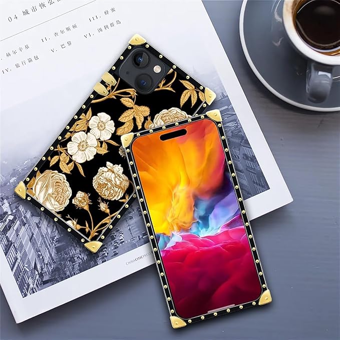Compatible with iPhone 15 Case, Blooming Rose Golden Flower Luxury Golden Decoration for Girl Women Soft TPU Shockproof Protective Hard PC Back for iPhone 15