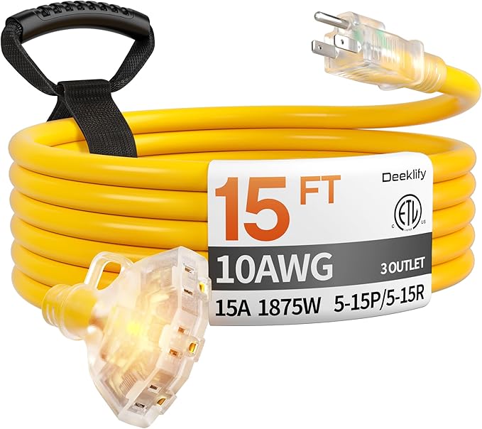 15 ft 10 Gauge Heavy Duty 3 Outlet Extension Cord Splitter with Indicator, Waterproof Outdoor Extension Cord with Multiple Outlets, 15A 1875W for Workshop, ETL Listed, Flexible Yellow SJTW