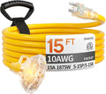 15 ft 10 Gauge Heavy Duty 3 Outlet Extension Cord Splitter with Indicator, Waterproof Outdoor Extension Cord with Multiple Outlets, 15A 1875W for Workshop, ETL Listed, Flexible Yellow SJTW