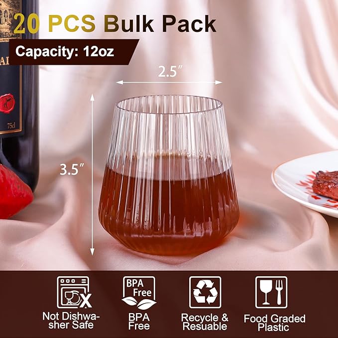 Lueumxc 20 Pack Plastic Ribbed Wine Glasses, 14Oz Origami Disposable Wine Glasses Unbreakable Clear Plastic Cocktail Glasses Recyclable Shatterproof Reusable Wine Cups