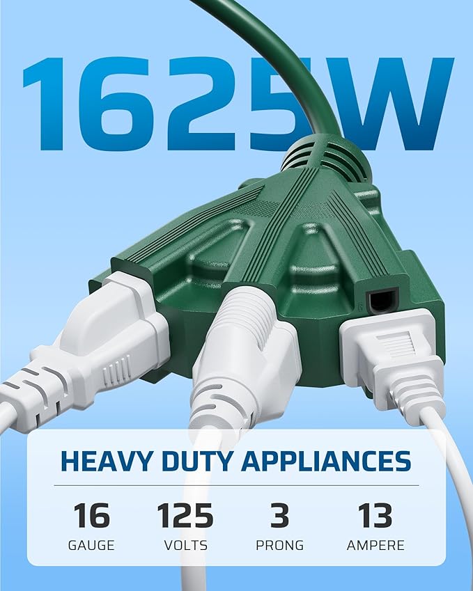 DEWENWILS Outdoor Extension Cord 1 to 2 Splitter, 19FT Total Length, 6 Grounded Outlets, 16AWG SJTW Heavy Duty Power Cord Waterproof for Landscaping Light, Holiday Decoration, Green, ETL Listed