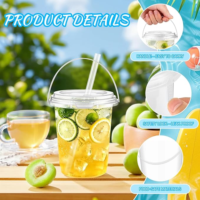 30 Sets 34 oz Drink Buckets with Lids and Straws, Disposable Clear Plastic Party Cups with Handles for Rum, Iced Coffee, Smoothies, Milkshakes, Sturdy Beverage Tubs for Pool Beach and Outdoor Parties