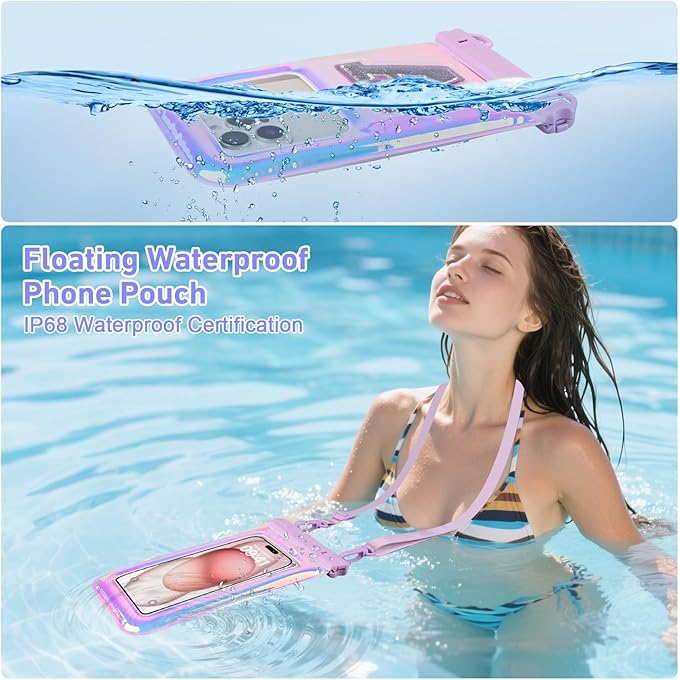 Waterproof Phone Pouch Floating, Fashion Bling Letters Cell Phone Dry Bag for iPhone 17 16 15 14 13 Pro Max, Galaxy S25 S24 S23 S22 Ultra Google, Up to 7.5 Inch, Glitter Letter A