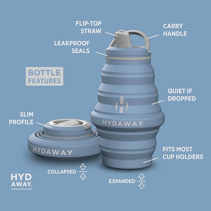 HYDAWAY 17oz Travel Collapsible Water Bottle - BPA-Free, Leakproof, Lightweight, Reusable