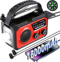 16000mAh Emergency Weather Radio, AM/FM/NOAA Weather Alert Radio Hand Crank/Solar/Type-C Fast Rechargeable Outdoor Radio with Reading Lamp/SOS Alarm/3 Mode Flashlight/Power Bank (Red)