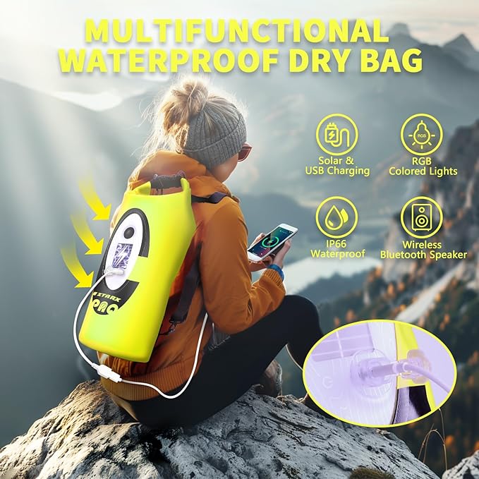 FELICON Solar/Battery Multi-Functional Backpack with Bluetooth Speaker,IP66 Waterproof Dry Bag,Heavy Duty Roll Top Closure,Large Capacity Bag for Camping,Hiking,Traveling (Neon Yellow 20L)