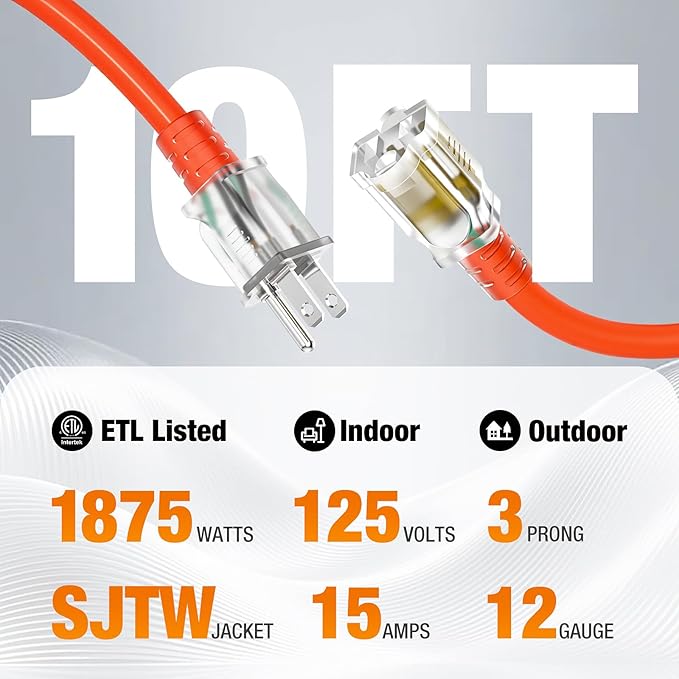 Outdoor Extension Cord 10 FT Waterproof, 12/3 Gauge Heavy Duty 3 Prong Power Cord with Lighted Indicator End, 15A 125V 1875W SJTW, ETL Listed, Great for Lawn/Garden/Home(Orange)