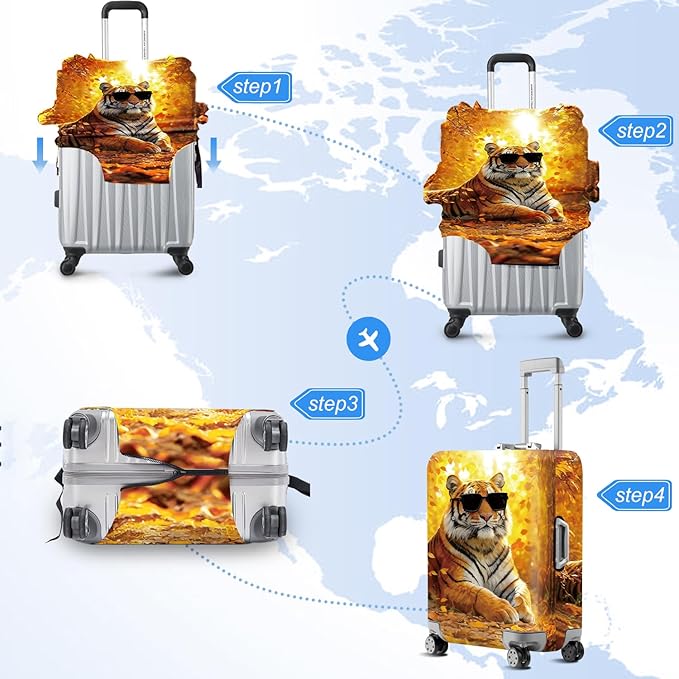 ANNA QUEEN Funny Cool Tiger Travel Luggage Cover -Stretchable Airplane Suitcase Protector Sleeve,Universal Washable Fit for 20-26 Inch Checked Baggage,Water Resistant Durable Luggage Protector