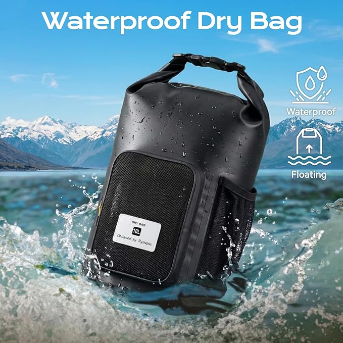 Rynapac 10L Waterproof Dry Bag with Bottle Holder & Mesh Pocket, 500D PVC Tarpaulin Roll Top Dry Sack with Inner Waterproof Adsorption Film, Dry Storage Bag for Kayaking, Boating, Beach, Camping