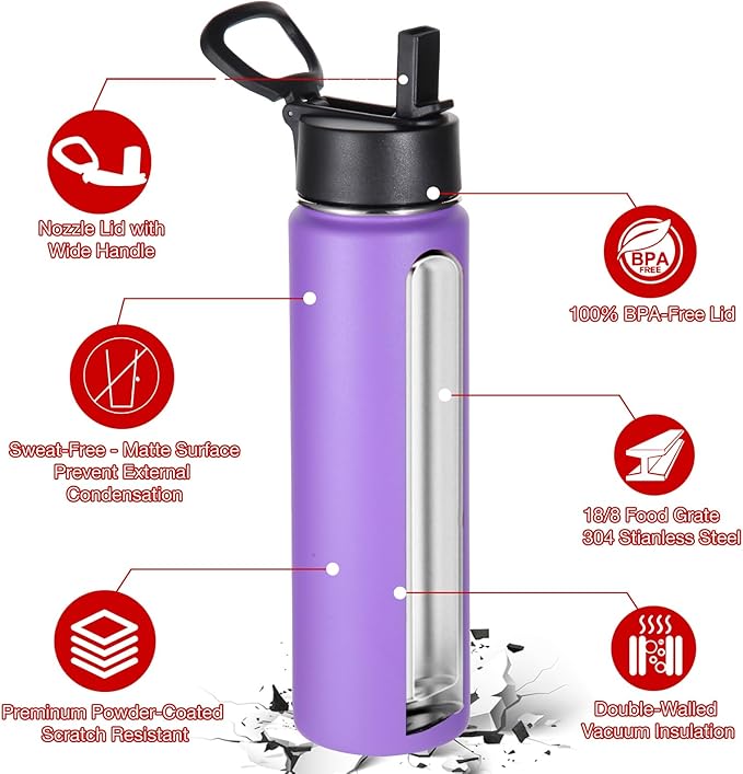 Volhoply 24 Ounce Insulated Water Bottle With Straw Lid,Stainless Steel Wide Mouth Sport Bottles With Handle,Double Wall Vacuum Cups keep Cold,Reusable Travel Thermal Cups For Holder,Gym(Purple,1)