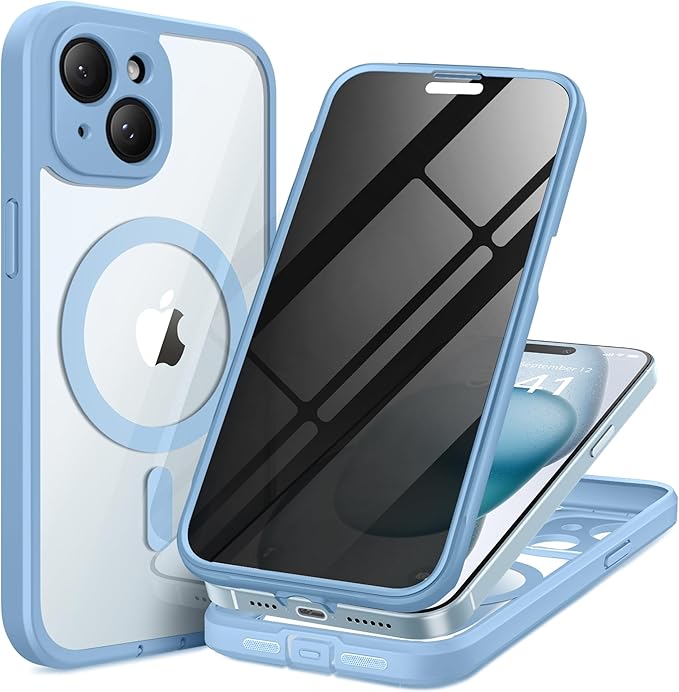 TIESZEN for iPhone 15 Plus Case, Compatible with MagSafe, Built-in Privacy Screen Protector and Camera Protection, Anti Spy Full Body Dustproof Shockproof Hard Phone Case 6.7", Sky Blue