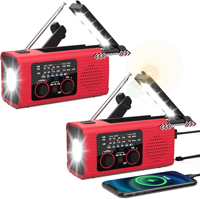 NITIGO Emergency Weather Radio NOAA AM FM WB with 4000mAh Rechargeable Radio, USB Solar Hand Crank Charging, Flashlight, SOS Alarm, Reading Lamp Portable for Outdoor Indoor Emergencies, 2 Pack