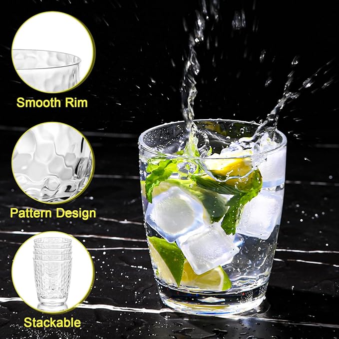 6 Pcs Plastic Drinking Tumblers of 14 oz, Acrylic Drinking Glasses with Straw&PP Brush, BPA-Free, Stackable Water Cups, Clear Cups for Juice, Wine (14 oz-6 pcs)
