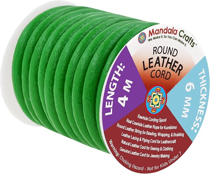 Mandala Crafts Round Genuine Green Leather Cord for Jewelry Making – 6mm Cowhide Leather Rope String Lace for Kumihimo – 4.4 Yards Cowhide Craft Cording Spool