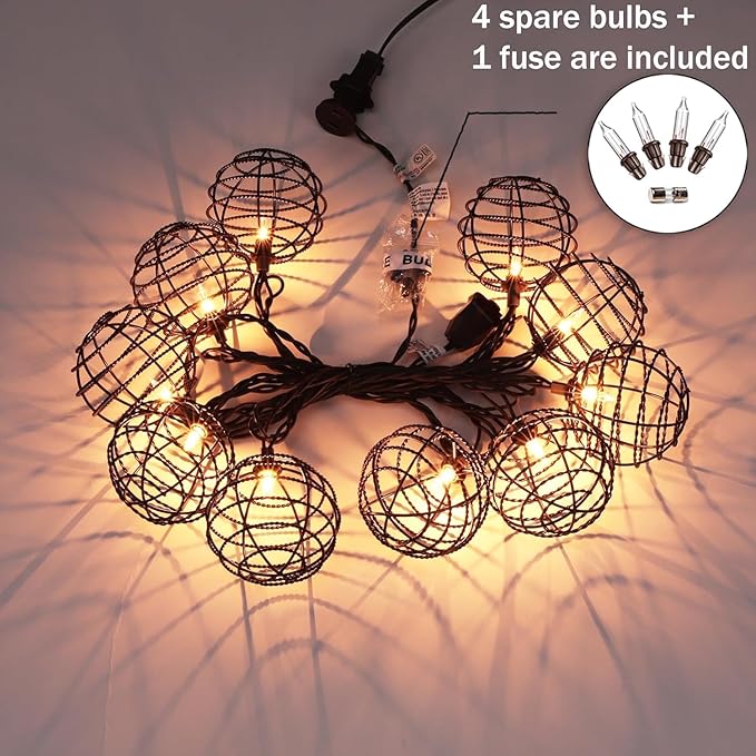 Decorative String Lights Indoor Outdoor, Patio Lantern Style String Lights with 10 Warm White Mini Bulbs, UL Listed Connectable Weatherproof Plug In Lights for Home Decoration(Iron Wire Twist Ball)