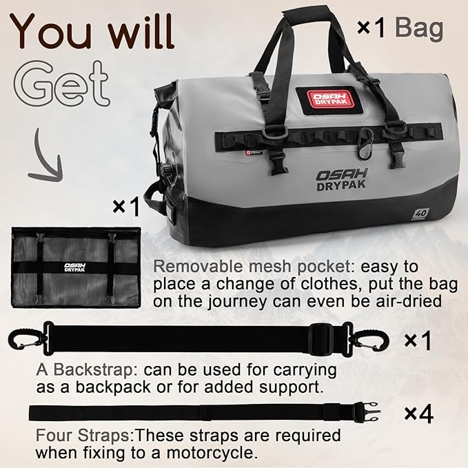 OSAH DRYPAK Waterproof Duffel Bag 25L/40L/60L – Heavy-Duty Motorcycle Tail Bag, Roll-Top Dry Bag for Travel, Camping, Boating, Kayaking, Outdoor Adventure